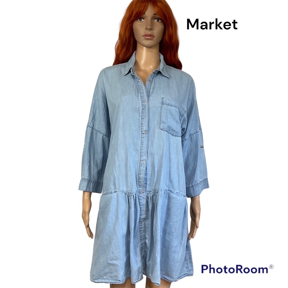 Boho MARKET Chambray Denim Button Shirt Mini Cotton Dress - Size M